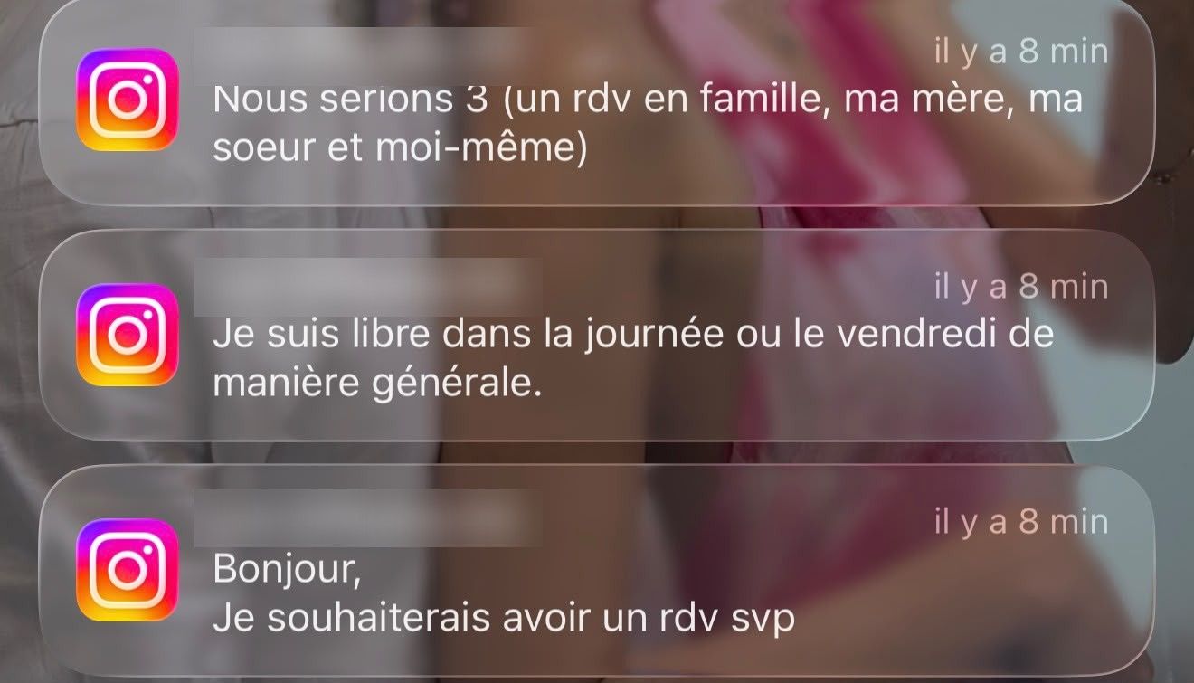 Trois notifications Instagram de clientes qui demandent un rendez-vous