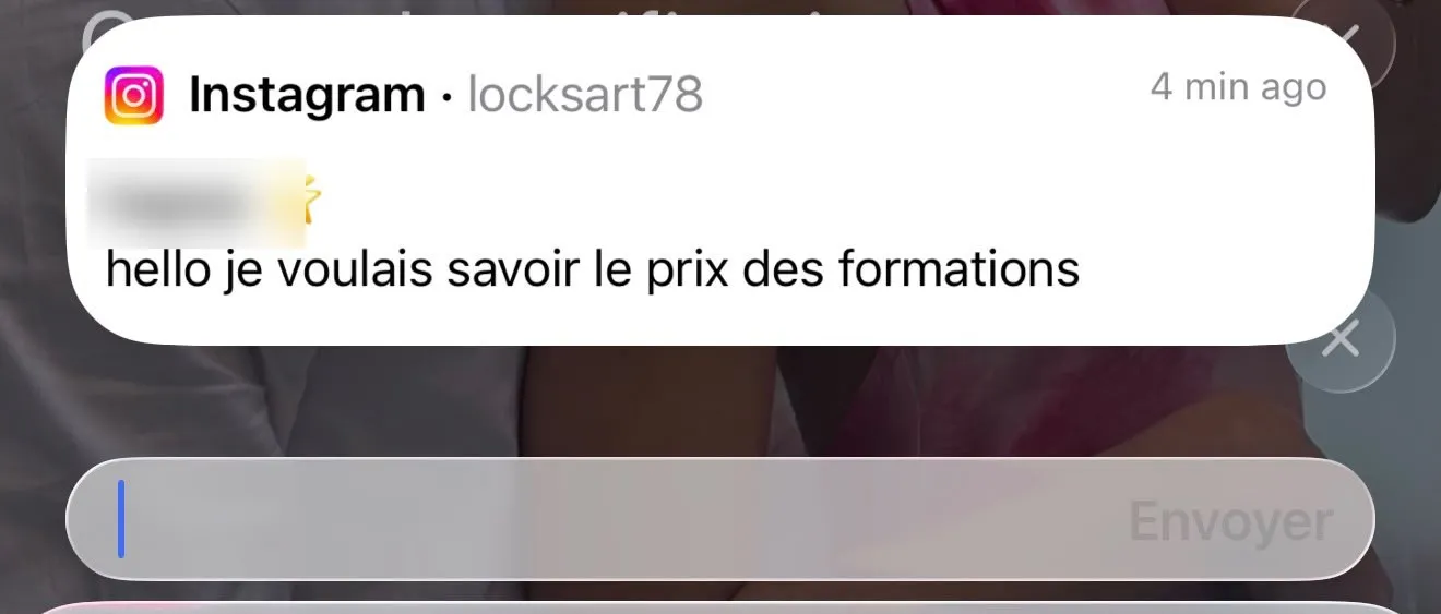 Notification Instagram de Locks'Art : une personne demande le prix des formations